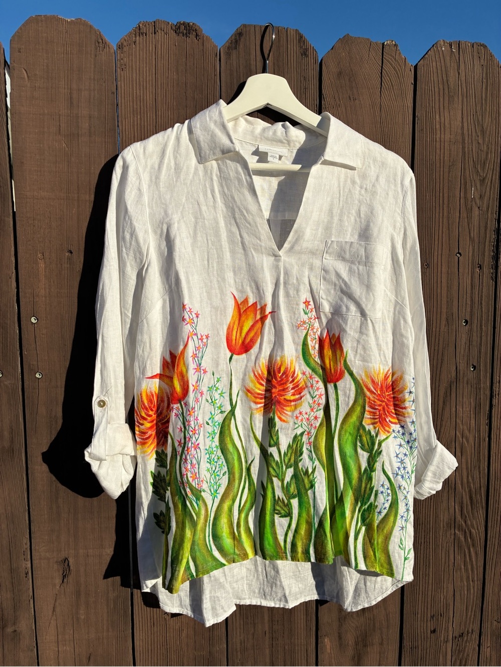 Bohemian Italian Linen Tunic Top Hand Painted by artist Yellow Orange Red flower